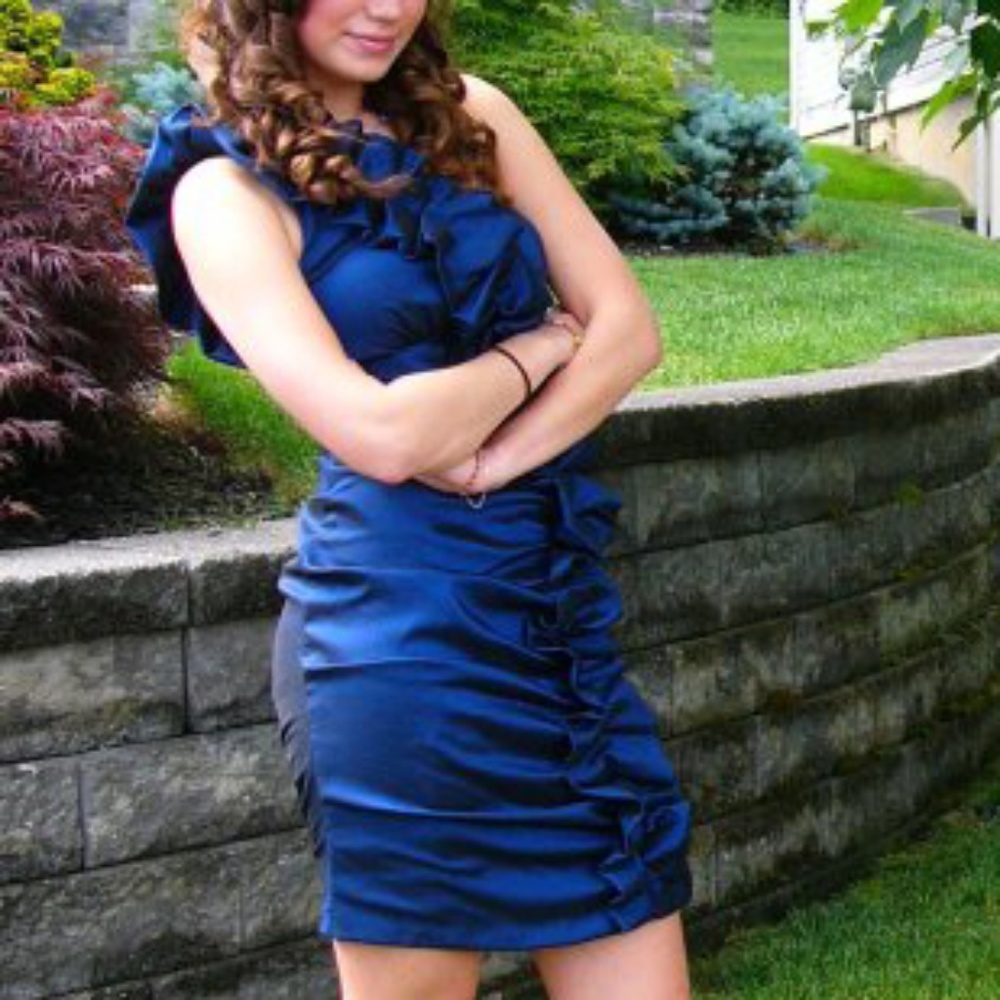Betsy & Adam Blue One Shoulder Short Ruffle Dress